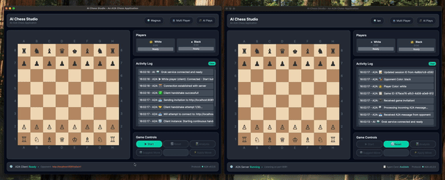 Two DotNet AI Chess instances playing against each other, with chessboards and live agent communication logs