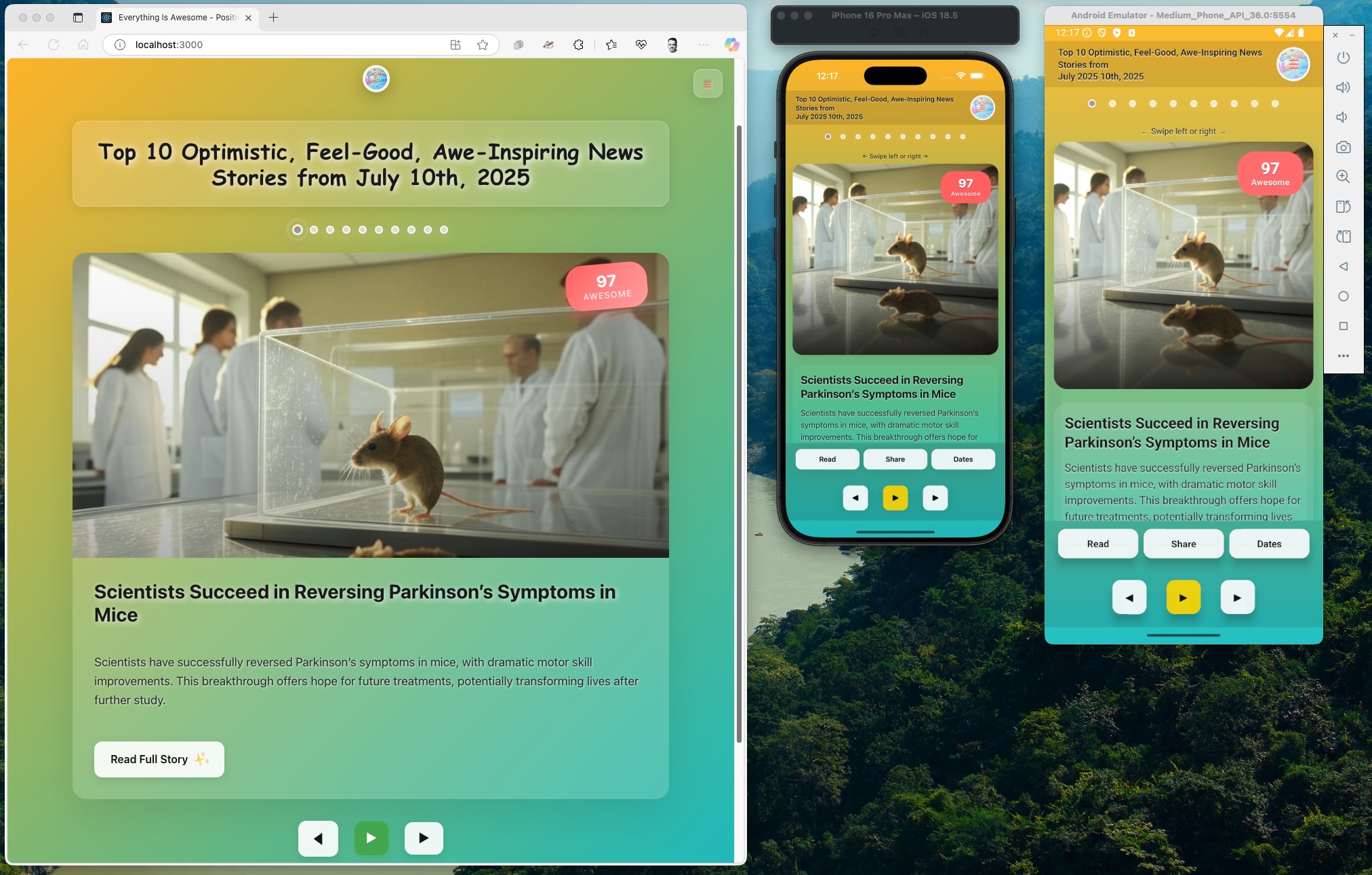 Everything Is Awesome displaying uplifting news in its web and mobile interfaces