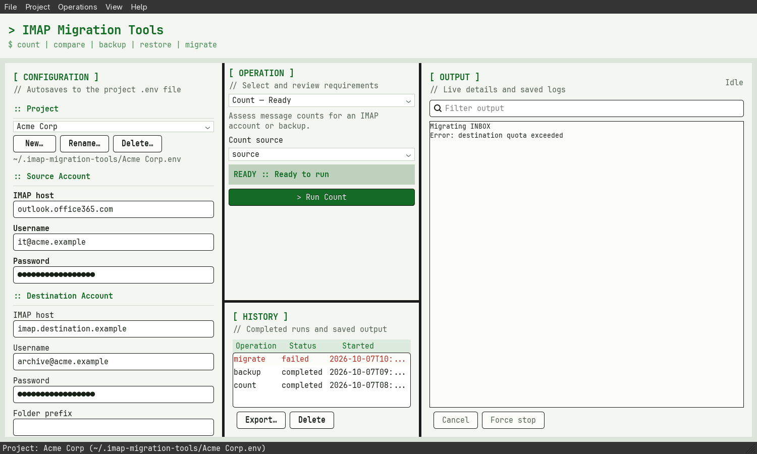IMAP Migration Tools desktop interface showing connection settings, migration options, and operation output