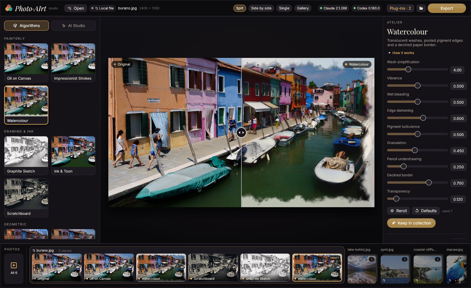 Photo·AIrt studio showing a split before-and-after comparison, style previews, and painting controls